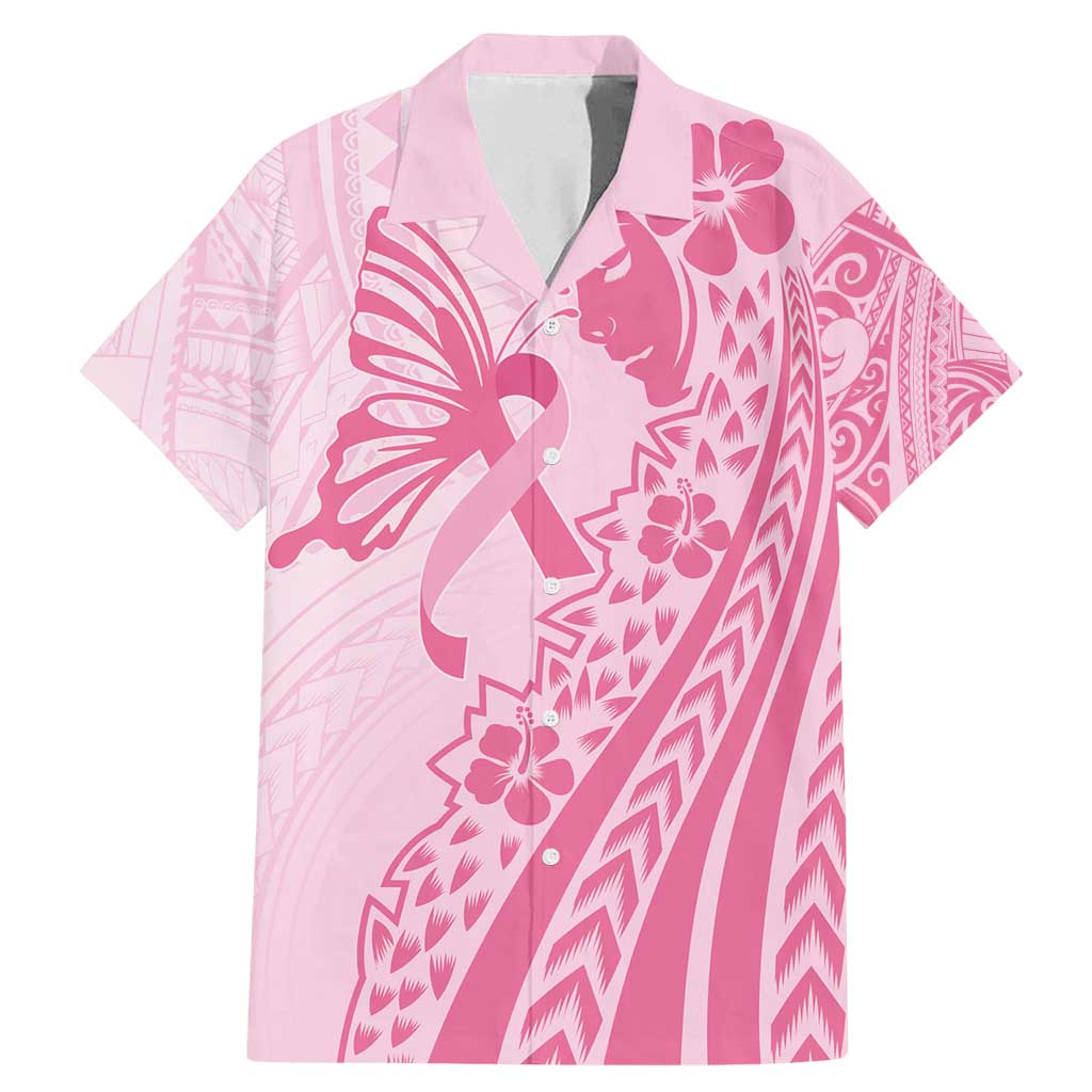 Pacific Girl and Butterfly Cancer Ribbon Personalised Family Matching Mermaid Dress and Hawaiian Shirt LT9 Dad's Shirt - Short Sleeve Pink - Polynesian Pride