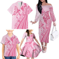 Pacific Girl and Butterfly Cancer Ribbon Personalised Family Matching Off The Shoulder Long Sleeve Dress and Hawaiian Shirt LT9 - Polynesian Pride