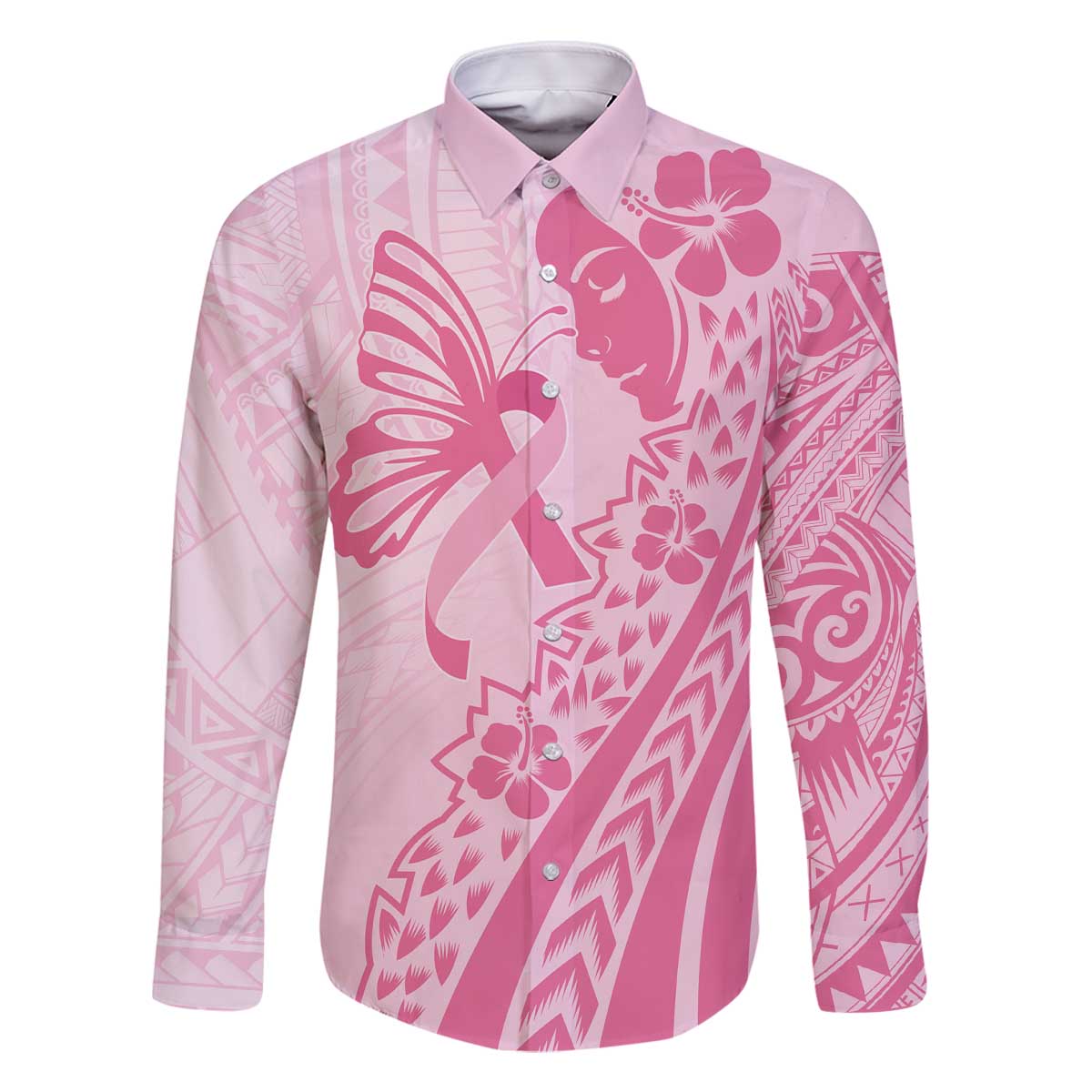 Pacific Girl and Butterfly Cancer Ribbon Personalised Family Matching Off The Shoulder Long Sleeve Dress and Hawaiian Shirt LT9 Dad's Shirt - Long Sleeve Pink - Polynesian Pride