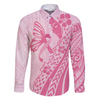 Pacific Girl and Butterfly Cancer Ribbon Personalised Family Matching Off The Shoulder Long Sleeve Dress and Hawaiian Shirt LT9 Dad's Shirt - Long Sleeve Pink - Polynesian Pride