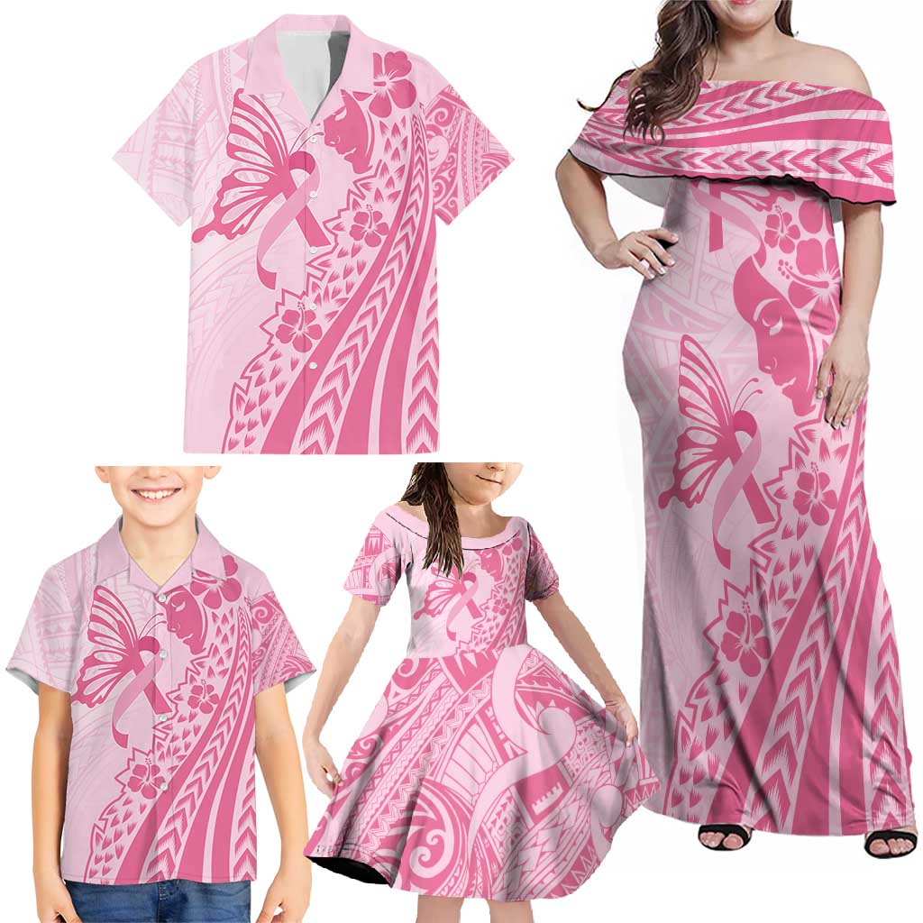 Pacific Girl and Butterfly Cancer Ribbon Personalised Family Matching Off Shoulder Maxi Dress and Hawaiian Shirt LT9 - Polynesian Pride