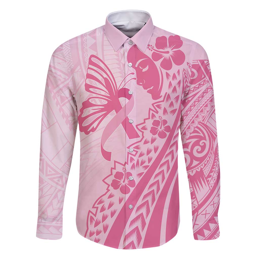 Pacific Girl and Butterfly Cancer Ribbon Personalised Family Matching Off Shoulder Maxi Dress and Hawaiian Shirt LT9 Dad's Shirt - Long Sleeve Pink - Polynesian Pride
