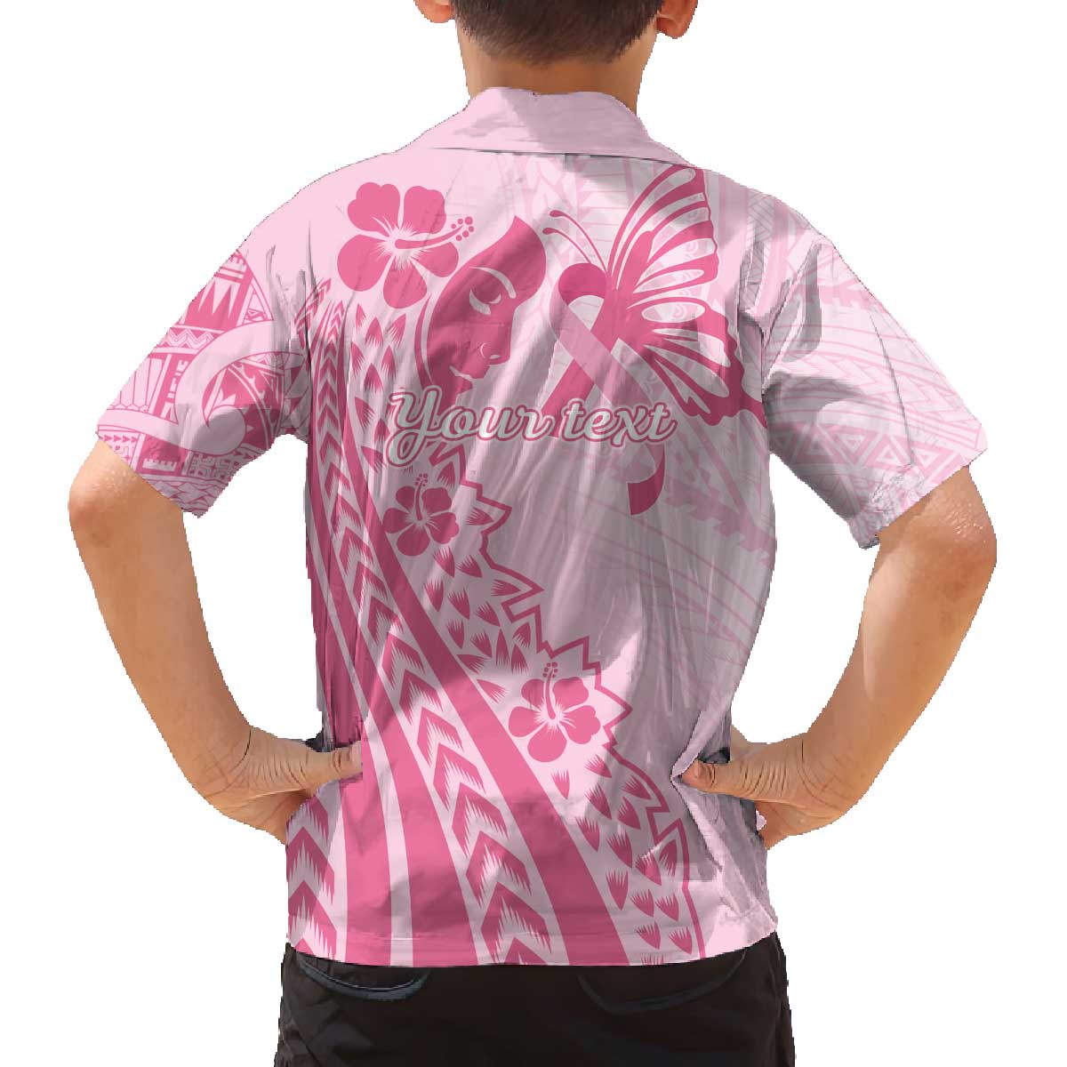 Pacific Girl and Butterfly Cancer Ribbon Personalised Family Matching Puletasi and Hawaiian Shirt LT9 - Polynesian Pride