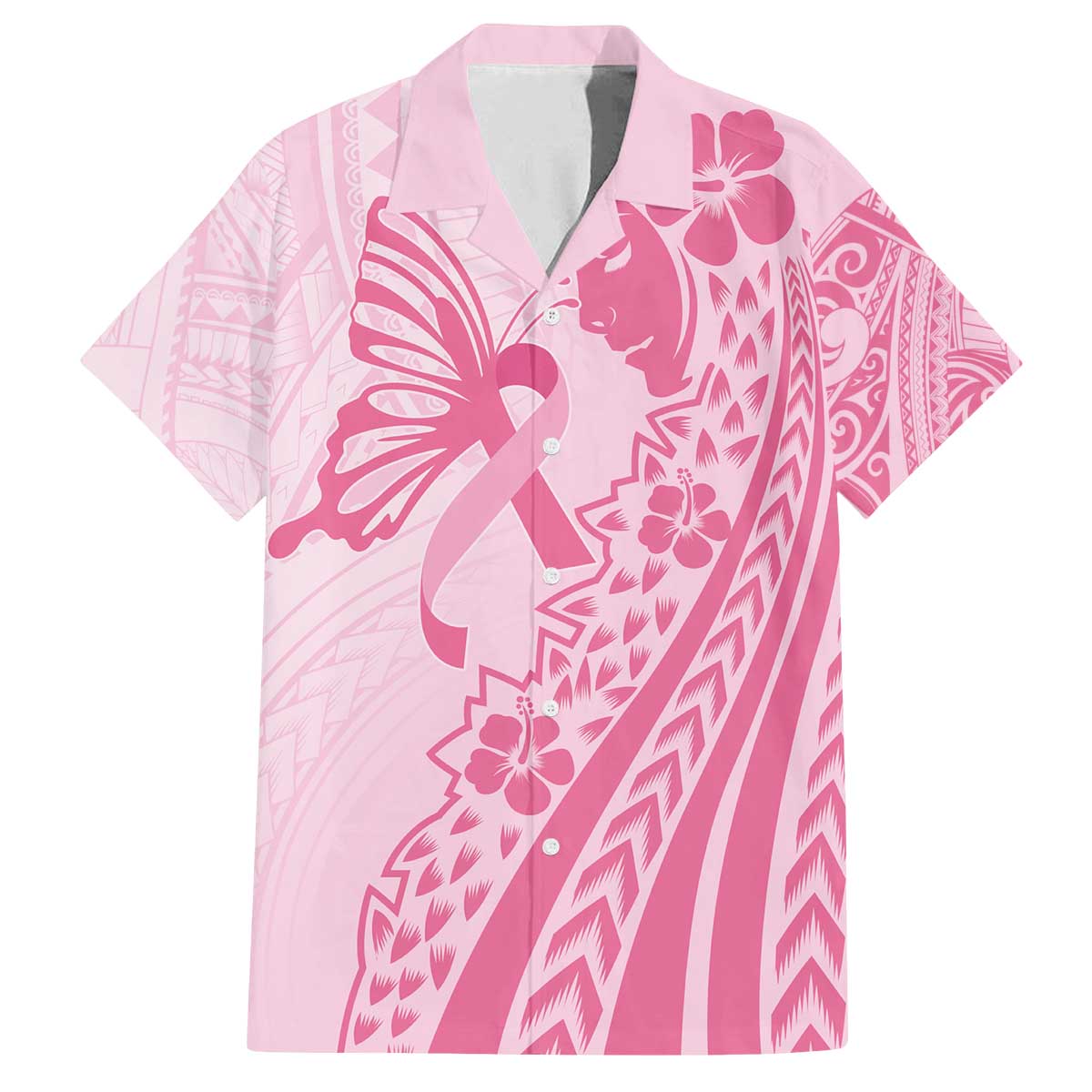 Pacific Girl and Butterfly Cancer Ribbon Personalised Family Matching Puletasi and Hawaiian Shirt LT9 Dad's Shirt - Short Sleeve Pink - Polynesian Pride