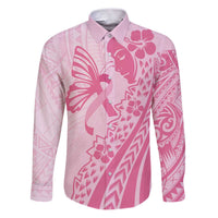 Pacific Girl and Butterfly Cancer Ribbon Personalised Family Matching Puletasi and Hawaiian Shirt LT9 Dad's Shirt - Long Sleeve Pink - Polynesian Pride