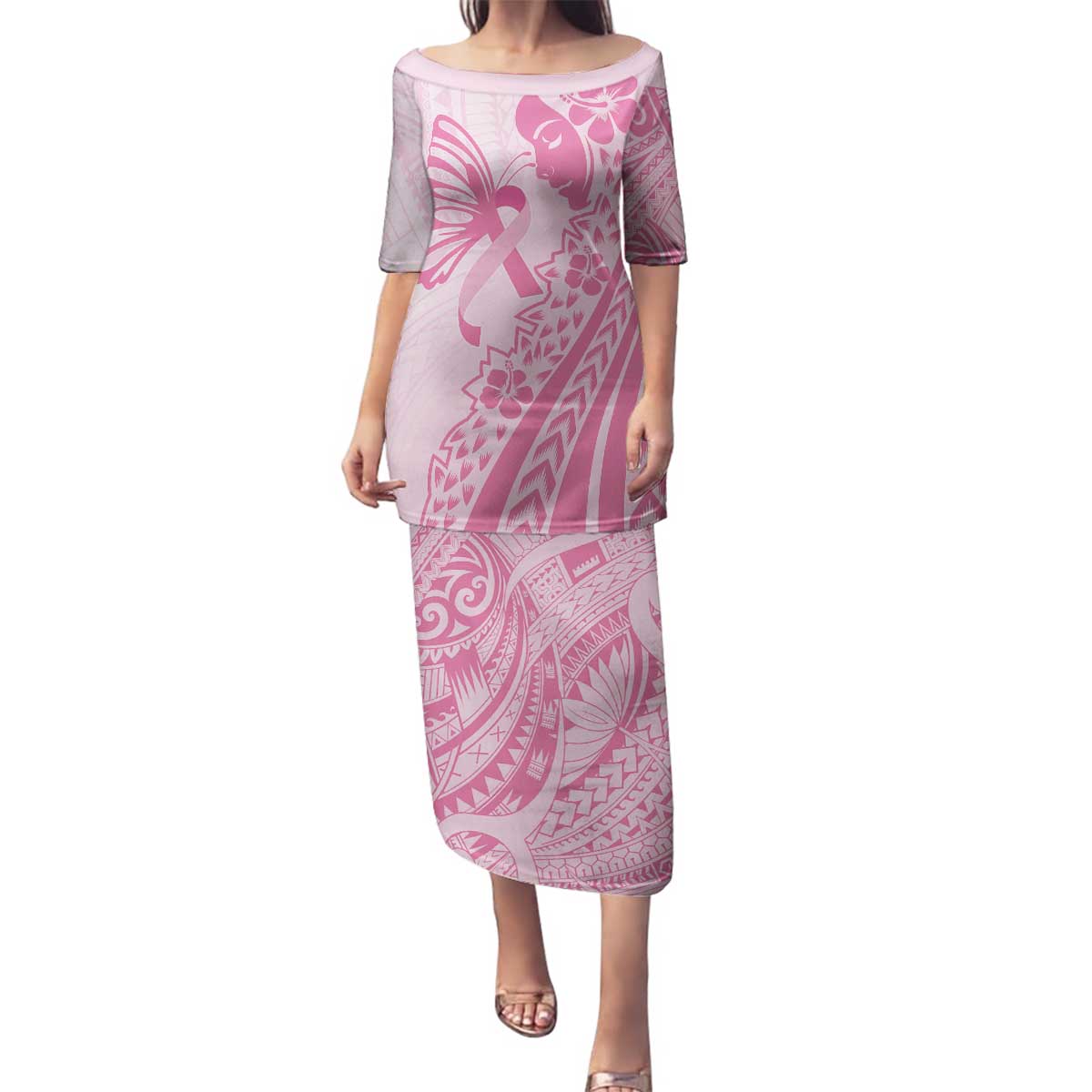 Pacific Girl and Butterfly Cancer Ribbon Personalised Family Matching Puletasi and Hawaiian Shirt LT9 Mom's Dress Pink - Polynesian Pride