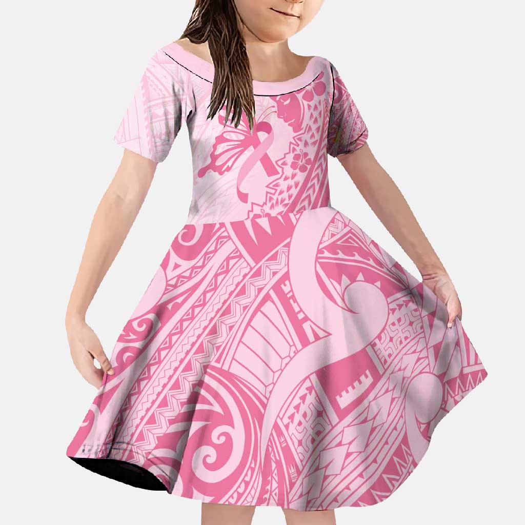 Pacific Girl and Butterfly Cancer Ribbon Personalised Family Matching Short Sleeve Bodycon Dress and Hawaiian Shirt LT9 Daughter's Dress Pink - Polynesian Pride