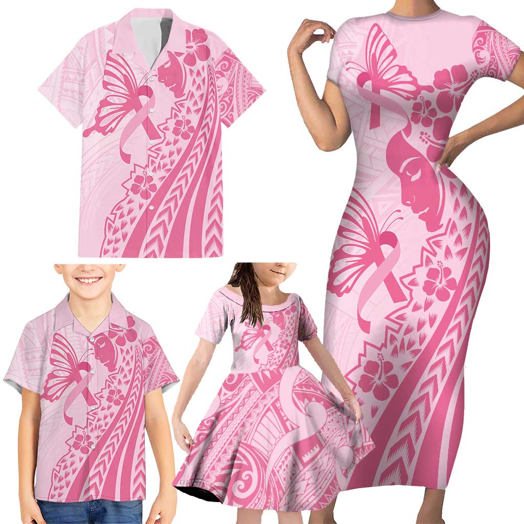 Pacific Girl and Butterfly Cancer Ribbon Personalised Family Matching Short Sleeve Bodycon Dress and Hawaiian Shirt LT9 - Polynesian Pride