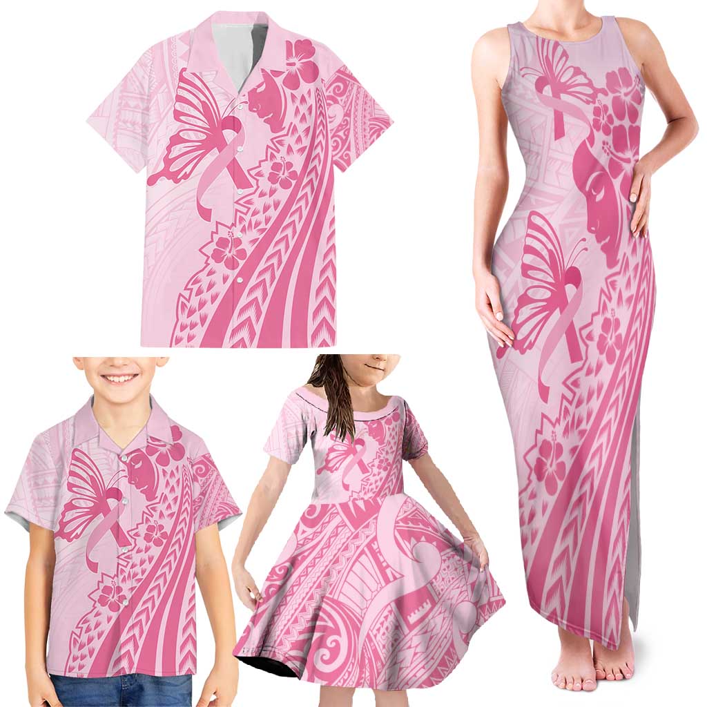 Pacific Girl and Butterfly Cancer Ribbon Personalised Family Matching Tank Maxi Dress and Hawaiian Shirt LT9 - Polynesian Pride
