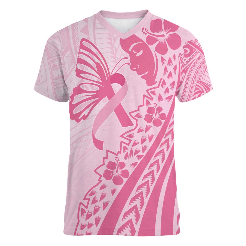 Pacific Girl and Butterfly Cancer Ribbon Personalised Women V-Neck T-Shirt