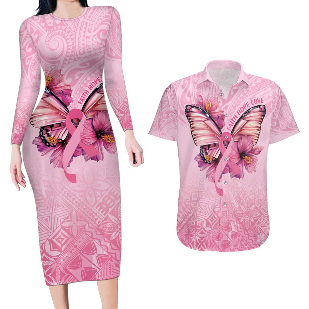 Faith Hope Love Butterfly Ribbon Personalised Couples Matching Long Sleeve Bodycon Dress and Hawaiian Shirt LT9 Pink - Polynesian Pride