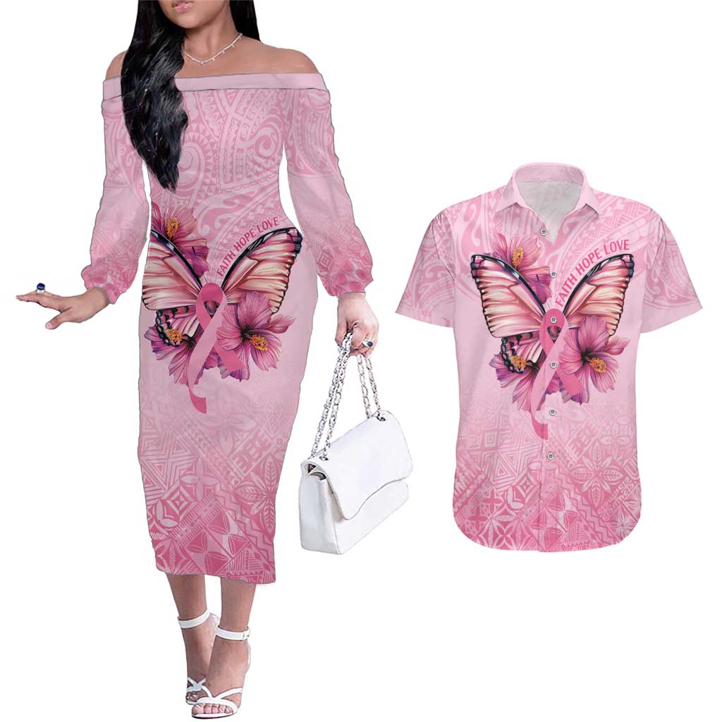 Faith Hope Love Butterfly Ribbon Personalised Couples Matching Off The Shoulder Long Sleeve Dress and Hawaiian Shirt LT9 Pink - Polynesian Pride