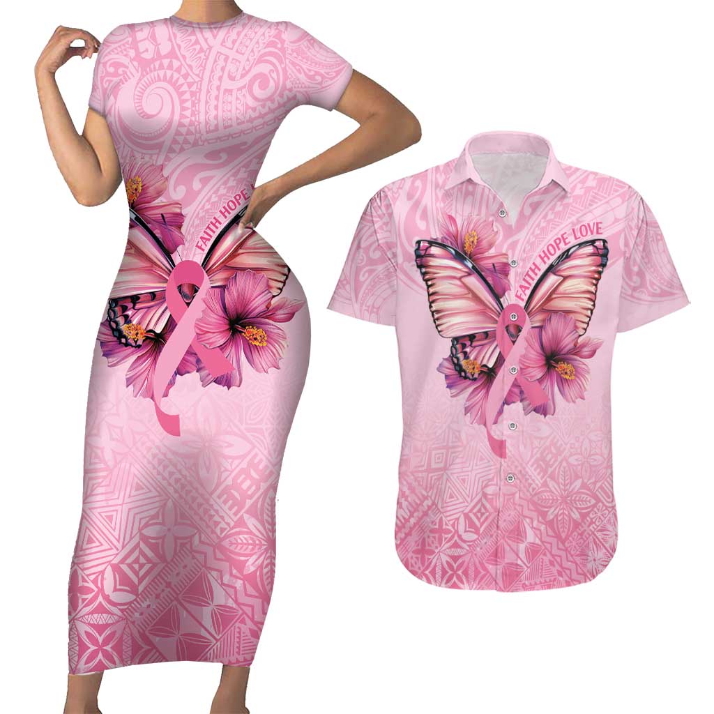 Faith Hope Love Butterfly Ribbon Personalised Couples Matching Short Sleeve Bodycon Dress and Hawaiian Shirt LT9 Pink - Polynesian Pride