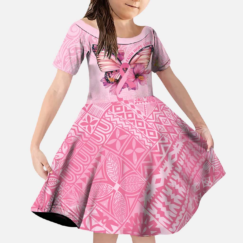 Faith Hope Love Butterfly Ribbon Personalised Family Matching Long Sleeve Bodycon Dress and Hawaiian Shirt LT9 Daughter's Dress Pink - Polynesian Pride