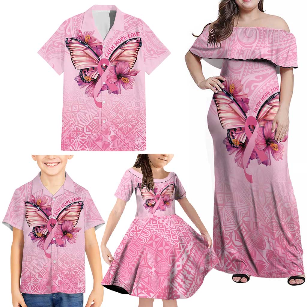 Faith Hope Love Butterfly Ribbon Personalised Family Matching Off Shoulder Maxi Dress and Hawaiian Shirt LT9 - Polynesian Pride