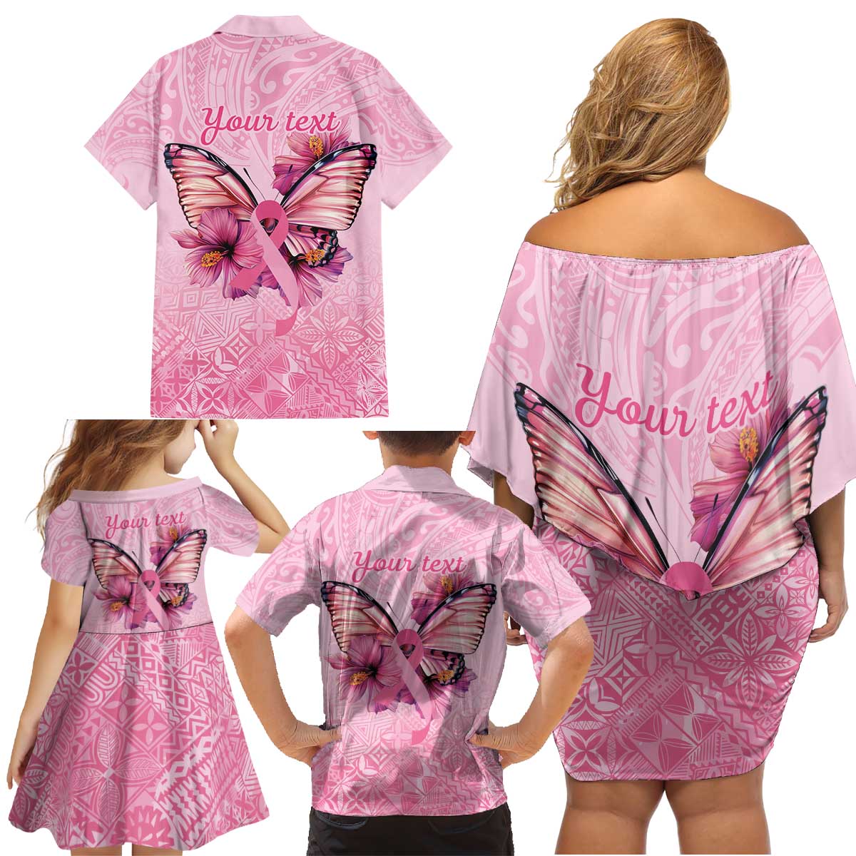 Faith Hope Love Butterfly Ribbon Personalised Family Matching Off Shoulder Short Dress and Hawaiian Shirt LT9 - Polynesian Pride