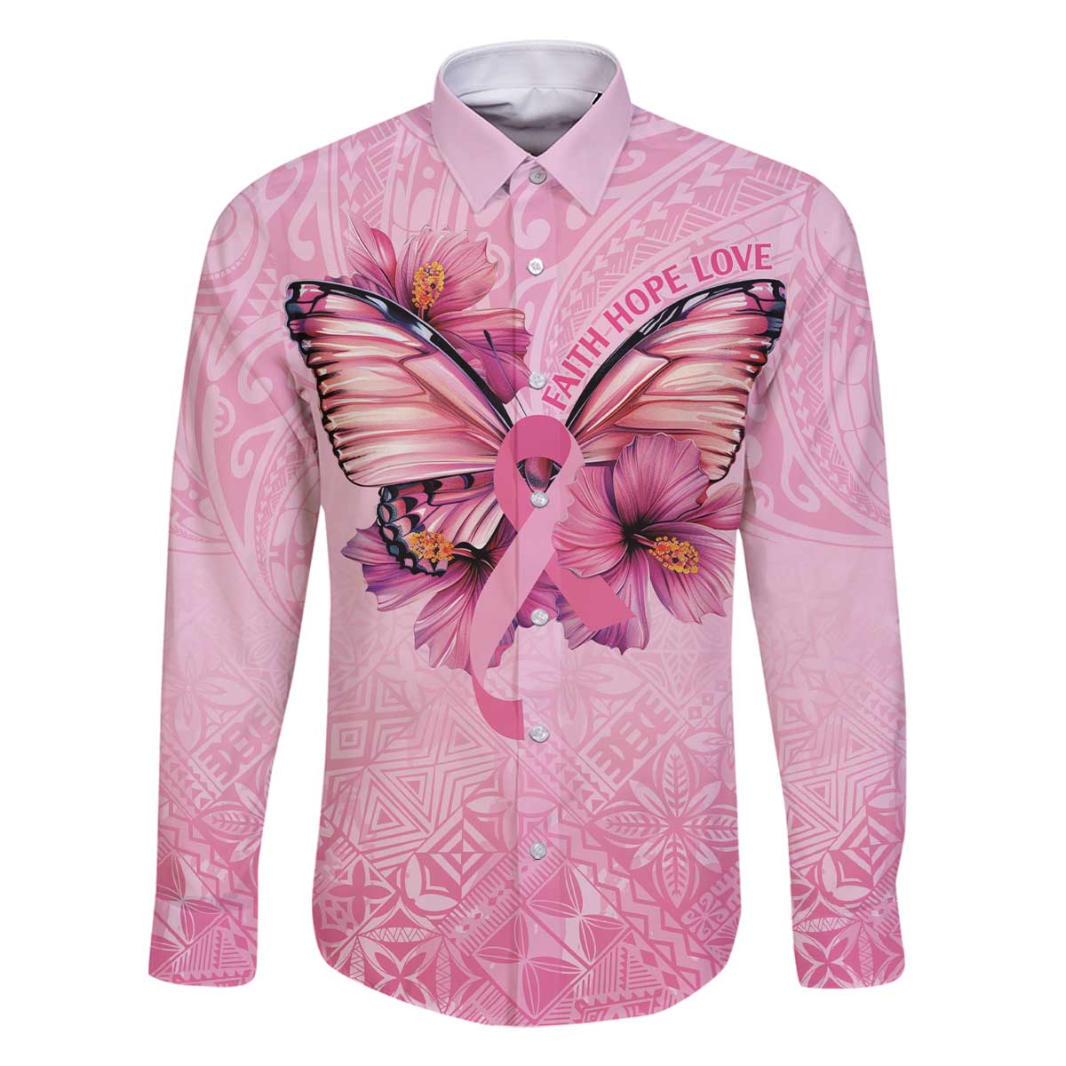 Faith Hope Love Butterfly Ribbon Personalised Family Matching Off Shoulder Short Dress and Hawaiian Shirt LT9 Dad's Shirt - Long Sleeve Pink - Polynesian Pride