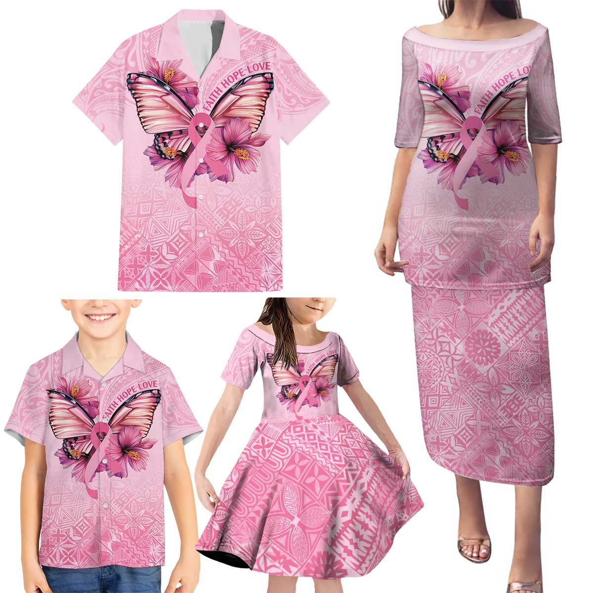 Faith Hope Love Butterfly Ribbon Personalised Family Matching Puletasi and Hawaiian Shirt LT9 - Polynesian Pride