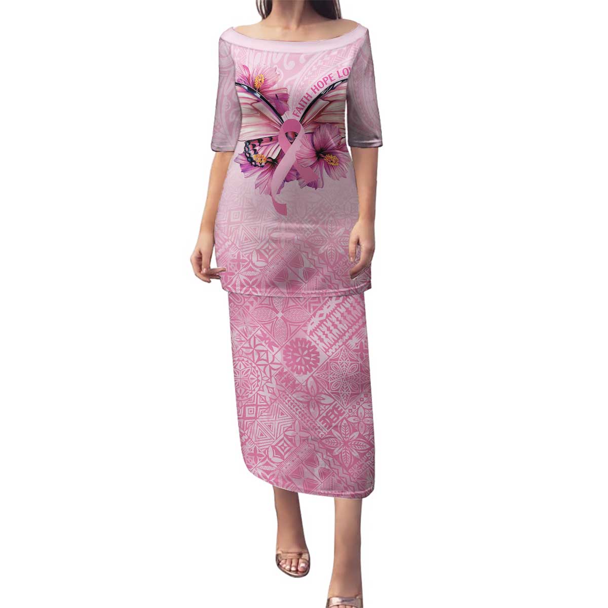 Faith Hope Love Butterfly Ribbon Personalised Family Matching Puletasi and Hawaiian Shirt LT9 Mom's Dress Pink - Polynesian Pride