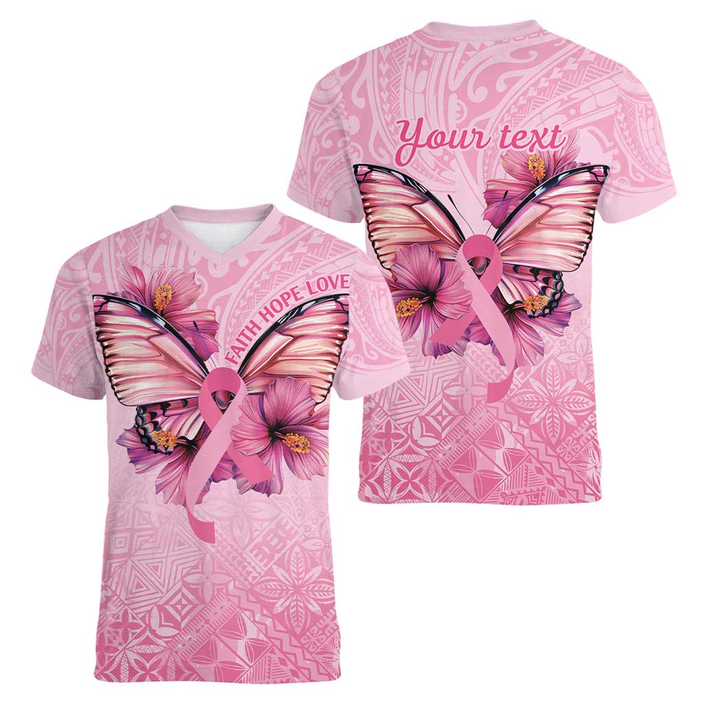 Faith Hope Love Butterfly Ribbon Personalised Women V-Neck T-Shirt
