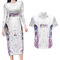 Custom New Zealand Aotearoa Couples Matching Long Sleeve Bodycon Dress and Hawaiian Shirt Pink Maori Paua Shell Indigenous LT9 Pink - Polynesian Pride