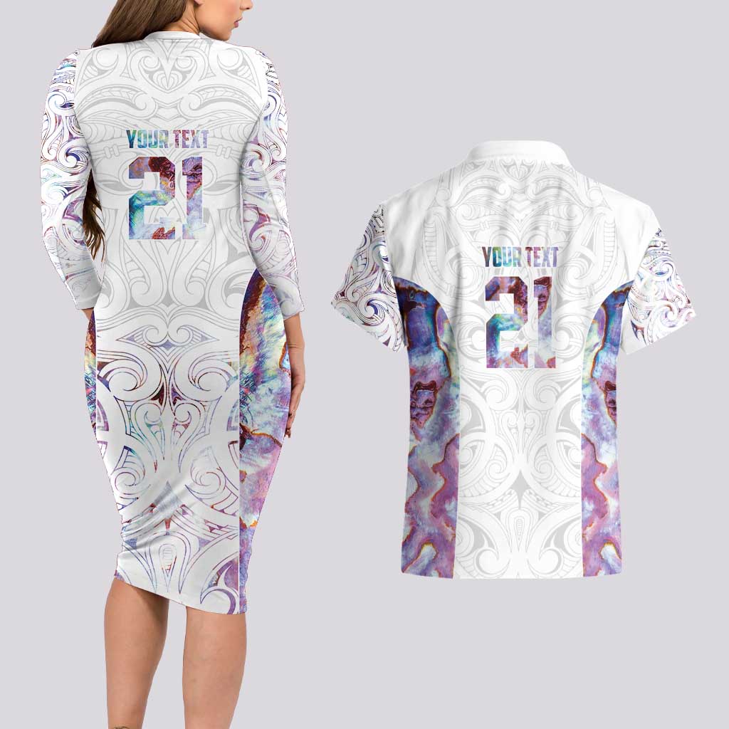 Custom New Zealand Aotearoa Couples Matching Long Sleeve Bodycon Dress and Hawaiian Shirt Pink Maori Paua Shell Indigenous LT9 - Polynesian Pride