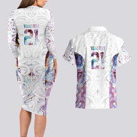 Custom New Zealand Aotearoa Couples Matching Long Sleeve Bodycon Dress and Hawaiian Shirt Pink Maori Paua Shell Indigenous LT9 - Polynesian Pride