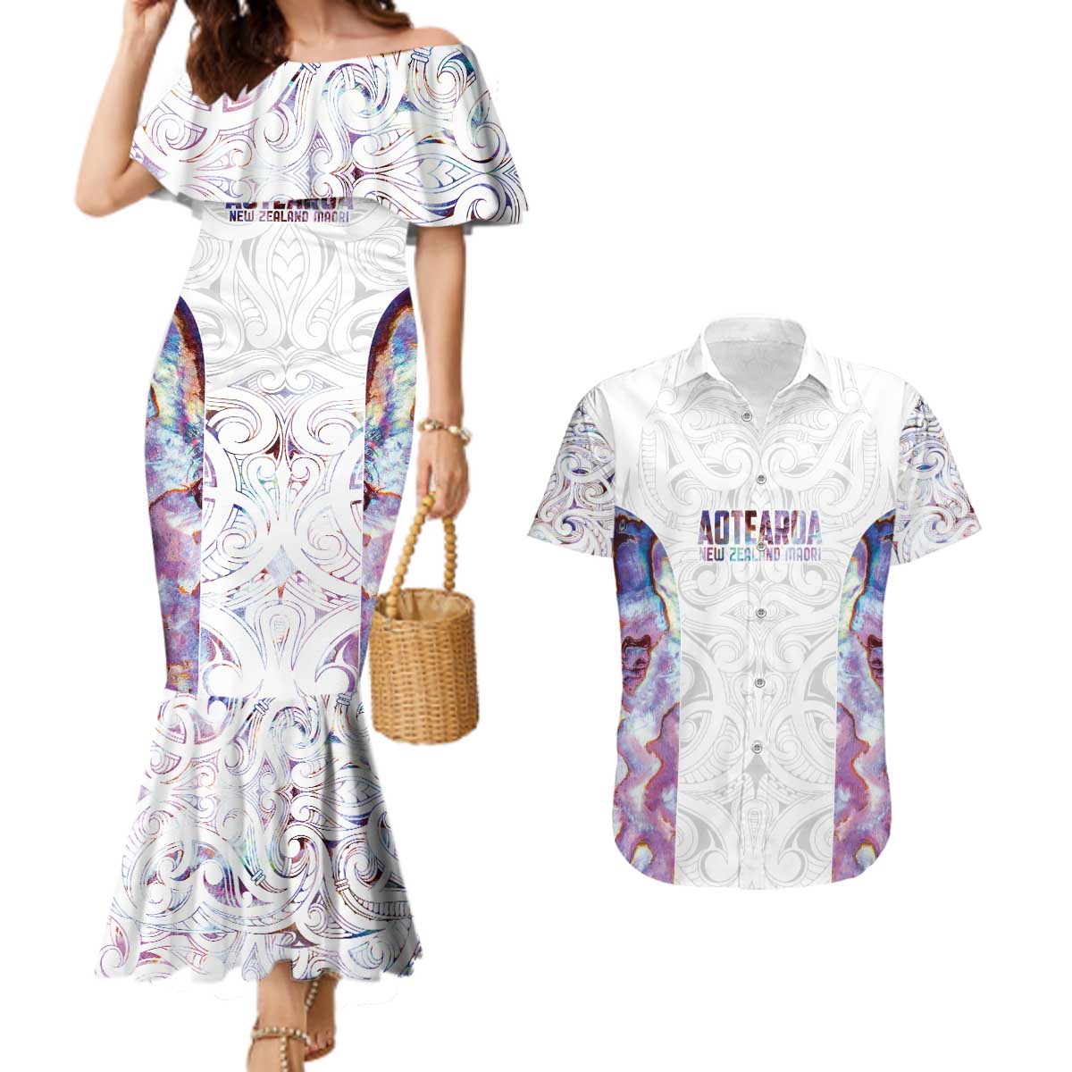 Custom New Zealand Aotearoa Couples Matching Mermaid Dress and Hawaiian Shirt Pink Maori Paua Shell Indigenous LT9 Pink - Polynesian Pride