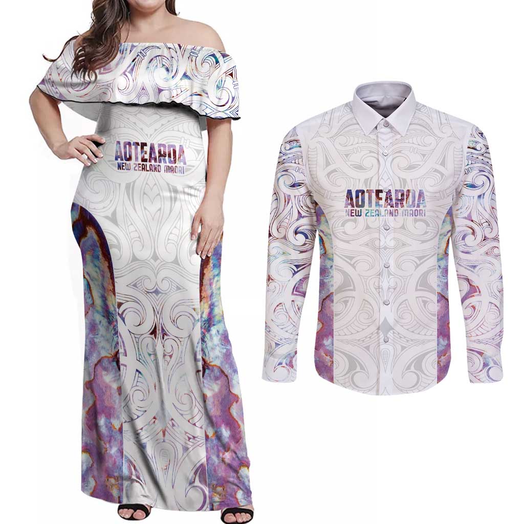Custom New Zealand Aotearoa Couples Matching Off Shoulder Maxi Dress and Long Sleeve Button Shirt Pink Maori Paua Shell Indigenous - Polynesian Pride