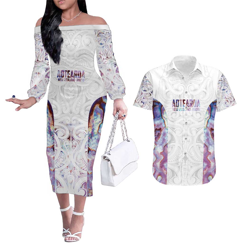 Custom New Zealand Aotearoa Couples Matching Off The Shoulder Long Sleeve Dress and Hawaiian Shirt Pink Maori Paua Shell Indigenous LT9 Pink - Polynesian Pride