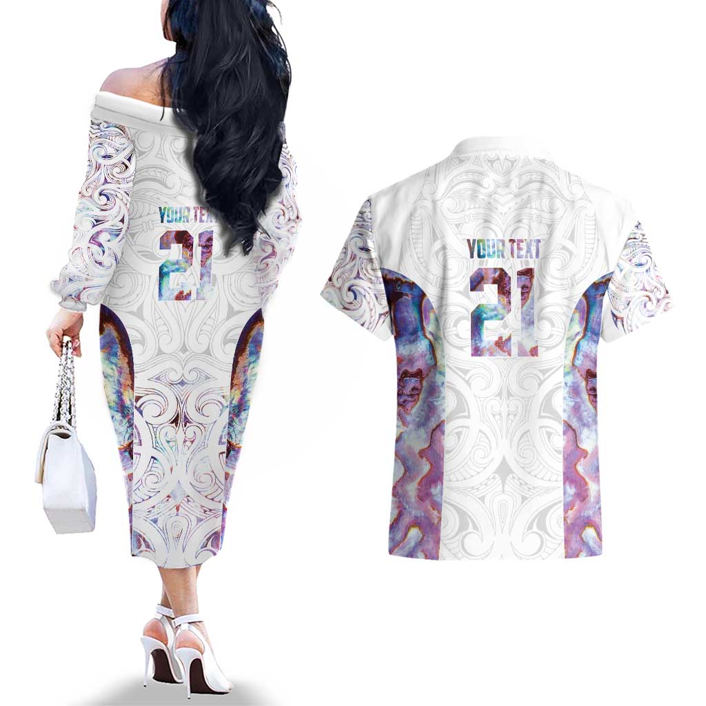 Custom New Zealand Aotearoa Couples Matching Off The Shoulder Long Sleeve Dress and Hawaiian Shirt Pink Maori Paua Shell Indigenous LT9 - Polynesian Pride