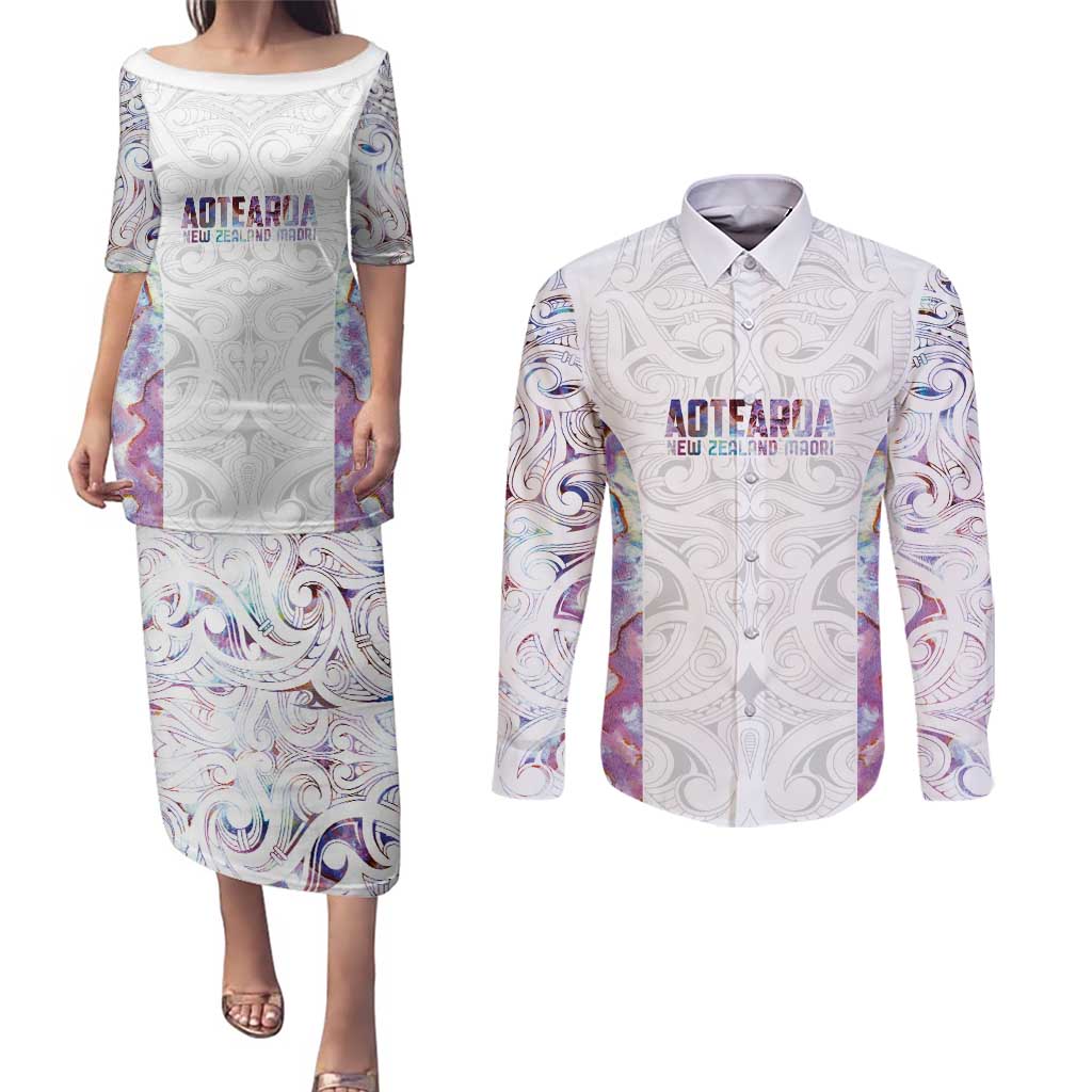 Custom New Zealand Aotearoa Couples Matching Puletasi and Long Sleeve Button Shirt Pink Maori Paua Shell Indigenous - Polynesian Pride