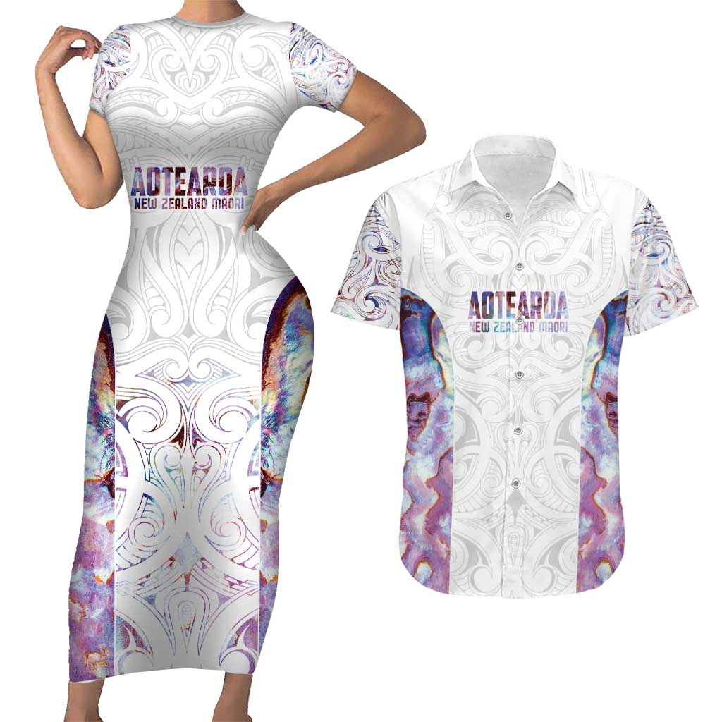 Custom New Zealand Aotearoa Couples Matching Short Sleeve Bodycon Dress and Hawaiian Shirt Pink Maori Paua Shell Indigenous LT9 Pink - Polynesian Pride