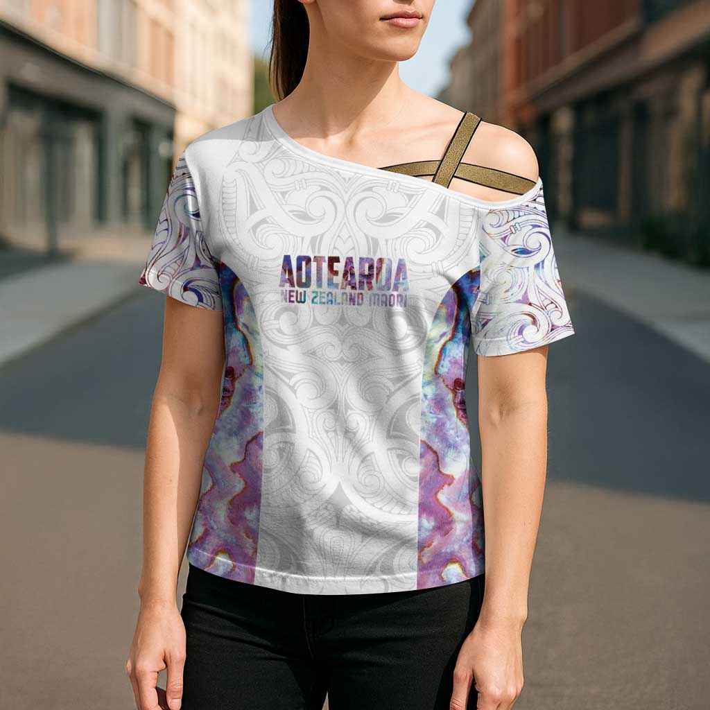 Custom New Zealand Aotearoa Cross Shoulder Shirt Pink Maori Paua Shell Indigenous - Polynesian Pride