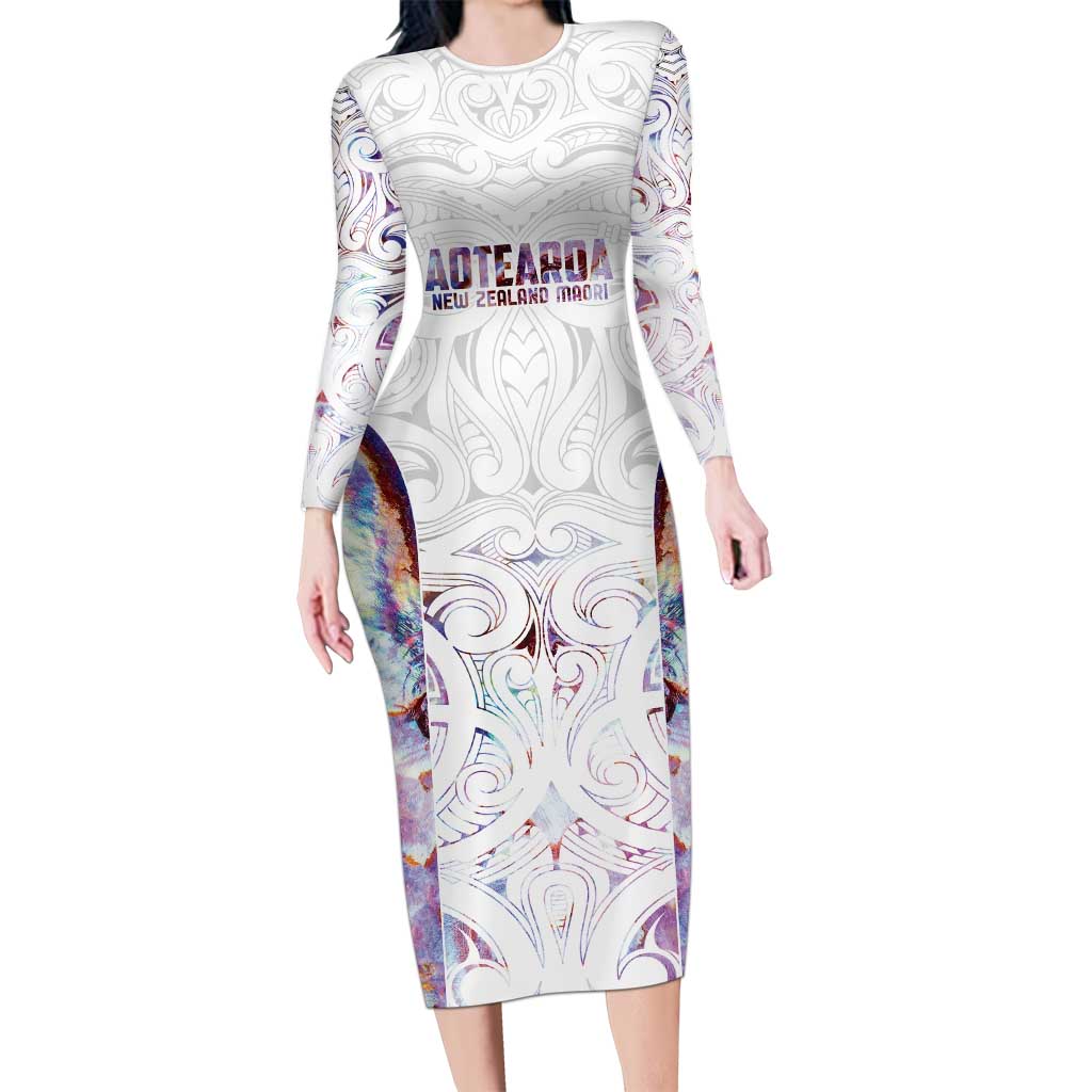 Custom New Zealand Aotearoa Family Matching Long Sleeve Bodycon Dress and Hawaiian Shirt Pink Maori Paua Shell Indigenous LT9 Mom's Dress Pink - Polynesian Pride