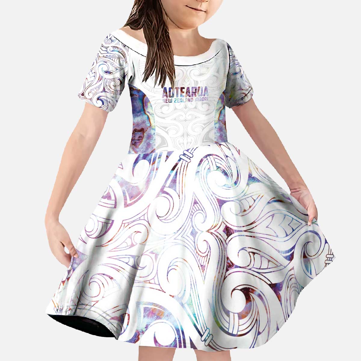 Custom New Zealand Aotearoa Family Matching Off The Shoulder Long Sleeve Dress and Hawaiian Shirt Pink Maori Paua Shell Indigenous LT9 Daughter's Dress Pink - Polynesian Pride