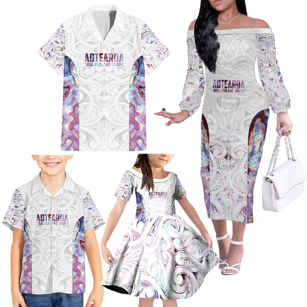 Custom New Zealand Aotearoa Family Matching Off The Shoulder Long Sleeve Dress and Hawaiian Shirt Pink Maori Paua Shell Indigenous LT9 - Polynesian Pride