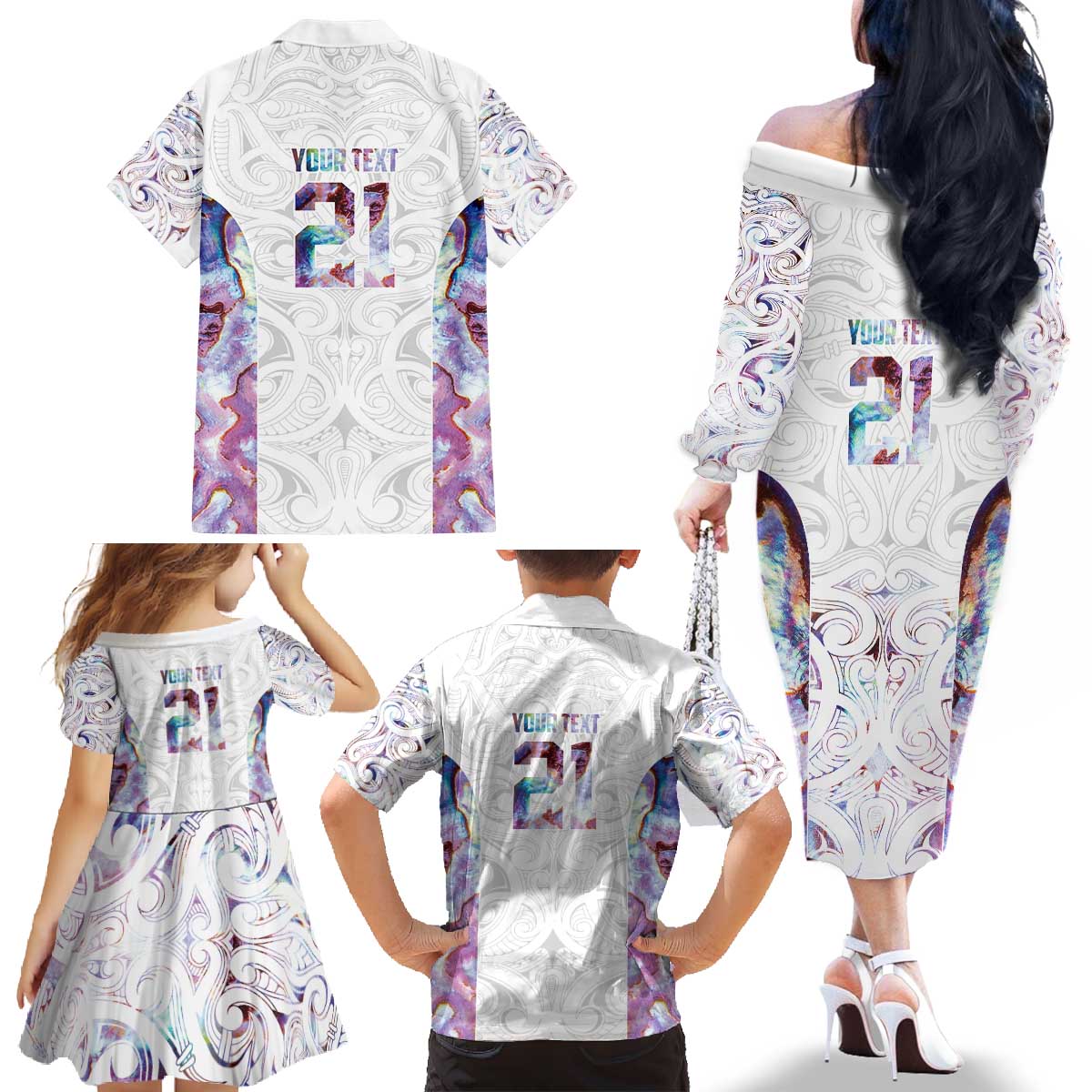 Custom New Zealand Aotearoa Family Matching Off The Shoulder Long Sleeve Dress and Hawaiian Shirt Pink Maori Paua Shell Indigenous LT9 - Polynesian Pride
