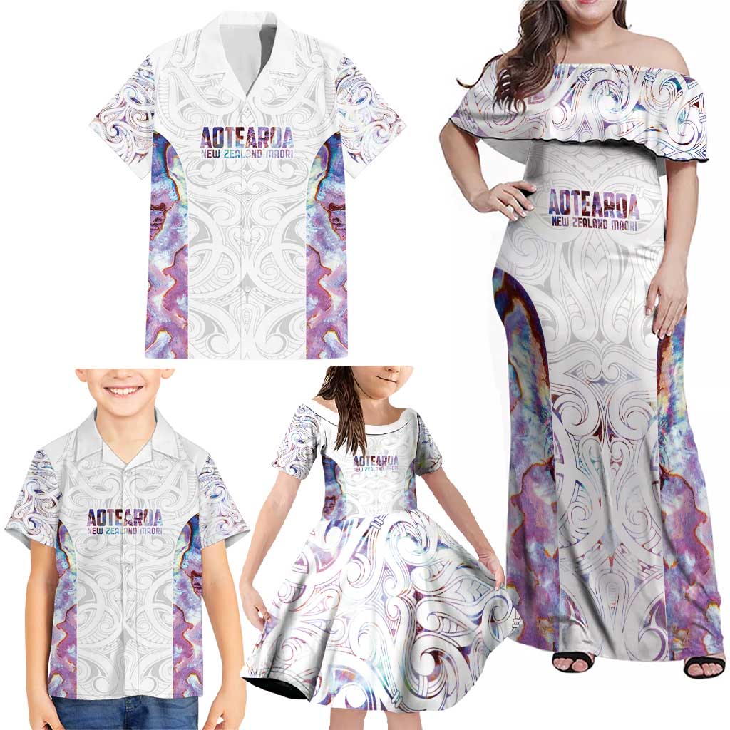 Custom New Zealand Aotearoa Family Matching Off Shoulder Maxi Dress and Hawaiian Shirt Pink Maori Paua Shell Indigenous LT9 - Polynesian Pride