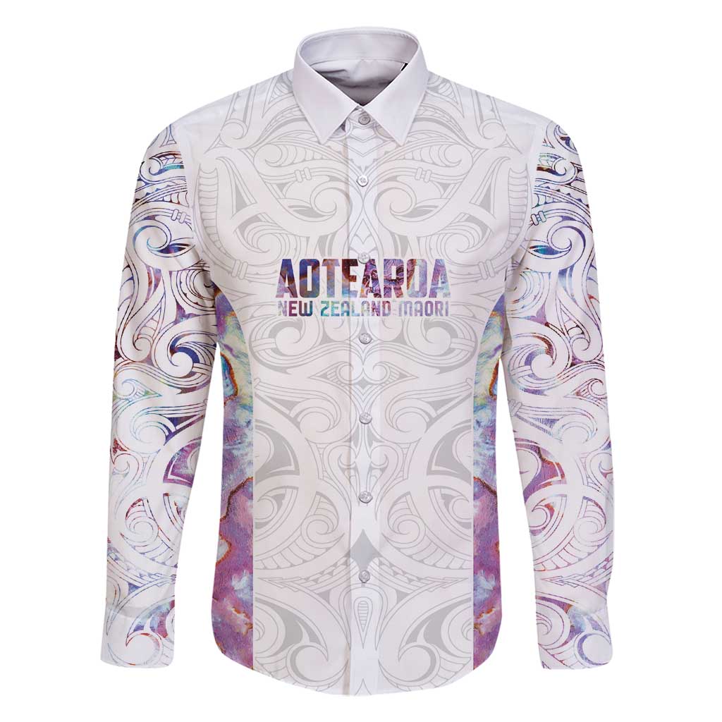 Custom New Zealand Aotearoa Family Matching Off Shoulder Maxi Dress and Hawaiian Shirt Pink Maori Paua Shell Indigenous LT9 Dad's Shirt - Long Sleeve Pink - Polynesian Pride