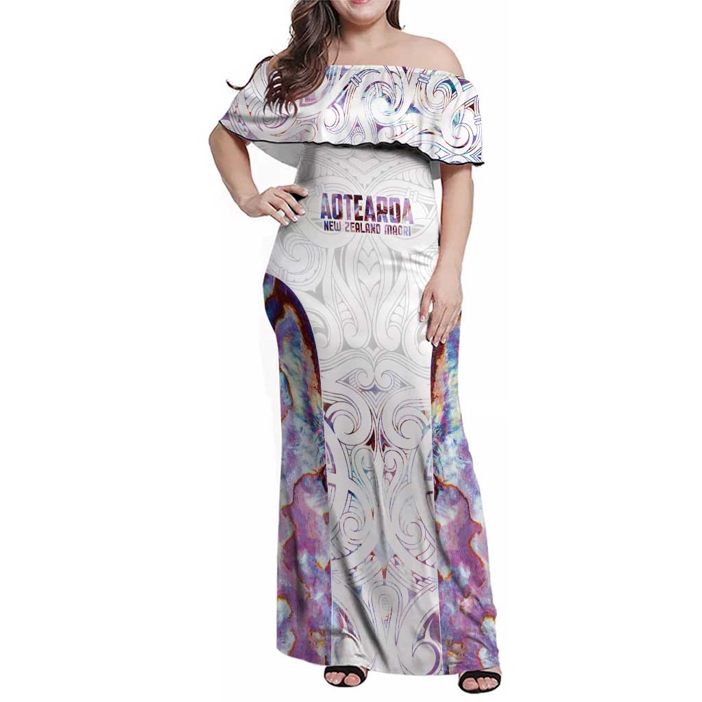 Custom New Zealand Aotearoa Family Matching Off Shoulder Maxi Dress and Hawaiian Shirt Pink Maori Paua Shell Indigenous LT9 Mom's Dress Pink - Polynesian Pride