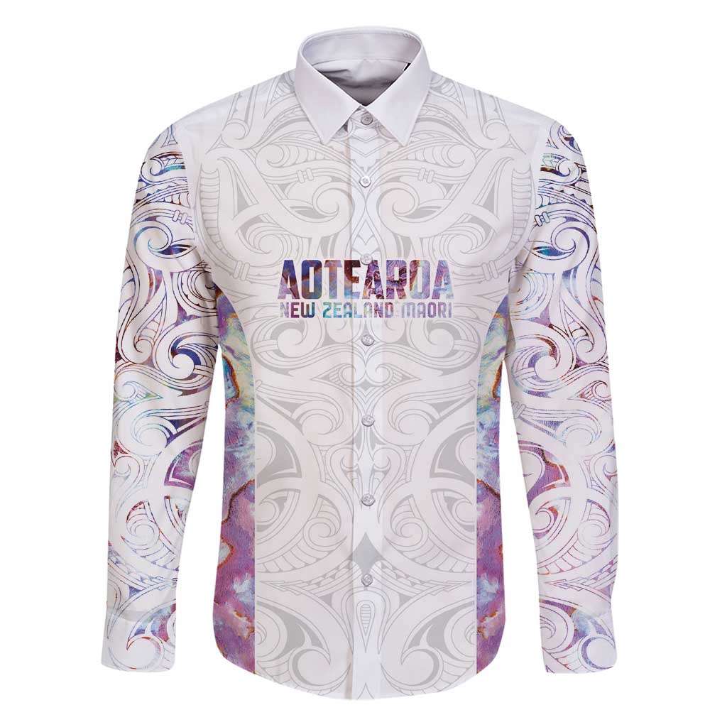 Custom New Zealand Aotearoa Family Matching Puletasi and Hawaiian Shirt Pink Maori Paua Shell Indigenous LT9 Dad's Shirt - Long Sleeve Pink - Polynesian Pride