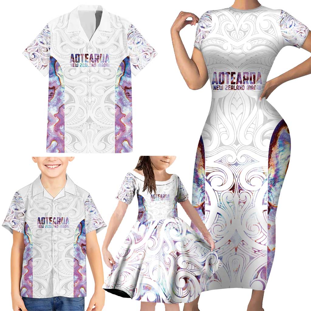 Custom New Zealand Aotearoa Family Matching Short Sleeve Bodycon Dress and Hawaiian Shirt Pink Maori Paua Shell Indigenous LT9 - Polynesian Pride