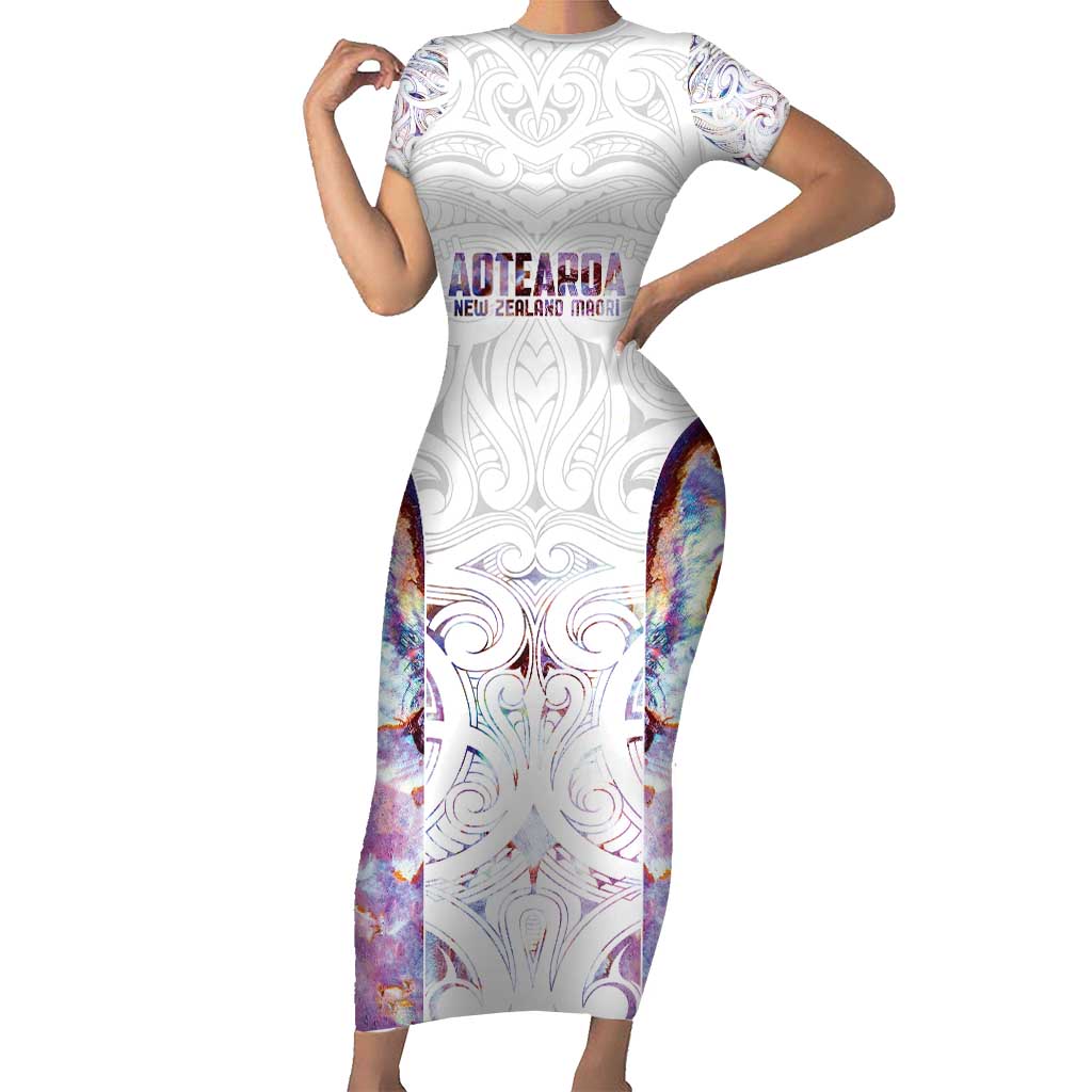 Custom New Zealand Aotearoa Family Matching Short Sleeve Bodycon Dress and Hawaiian Shirt Pink Maori Paua Shell Indigenous LT9 Mom's Dress Pink - Polynesian Pride