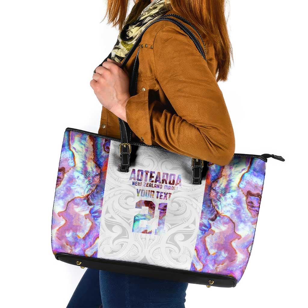 Custom New Zealand Aotearoa Leather Tote Bag Pink Maori Paua Shell Indigenous - Polynesian Pride