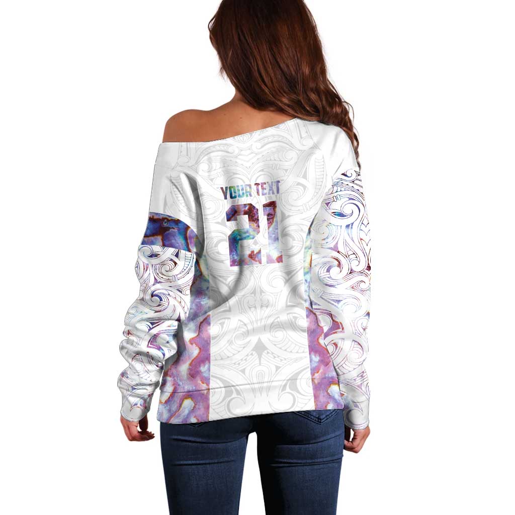 Custom New Zealand Aotearoa Off Shoulder Sweater Pink Maori Paua Shell Indigenous - Polynesian Pride
