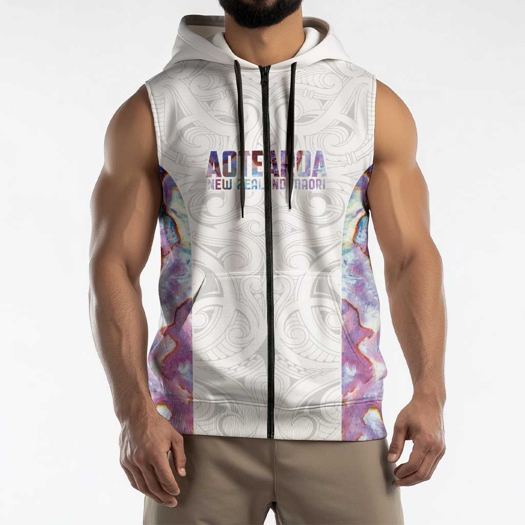 Custom New Zealand Aotearoa Sleeveless Zip Hoodie Pink Maori Paua Shell Indigenous - Polynesian Pride