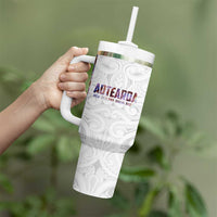 Custom New Zealand Aotearoa Tumbler With Handle Pink Maori Paua Shell Indigenous - Polynesian Pride