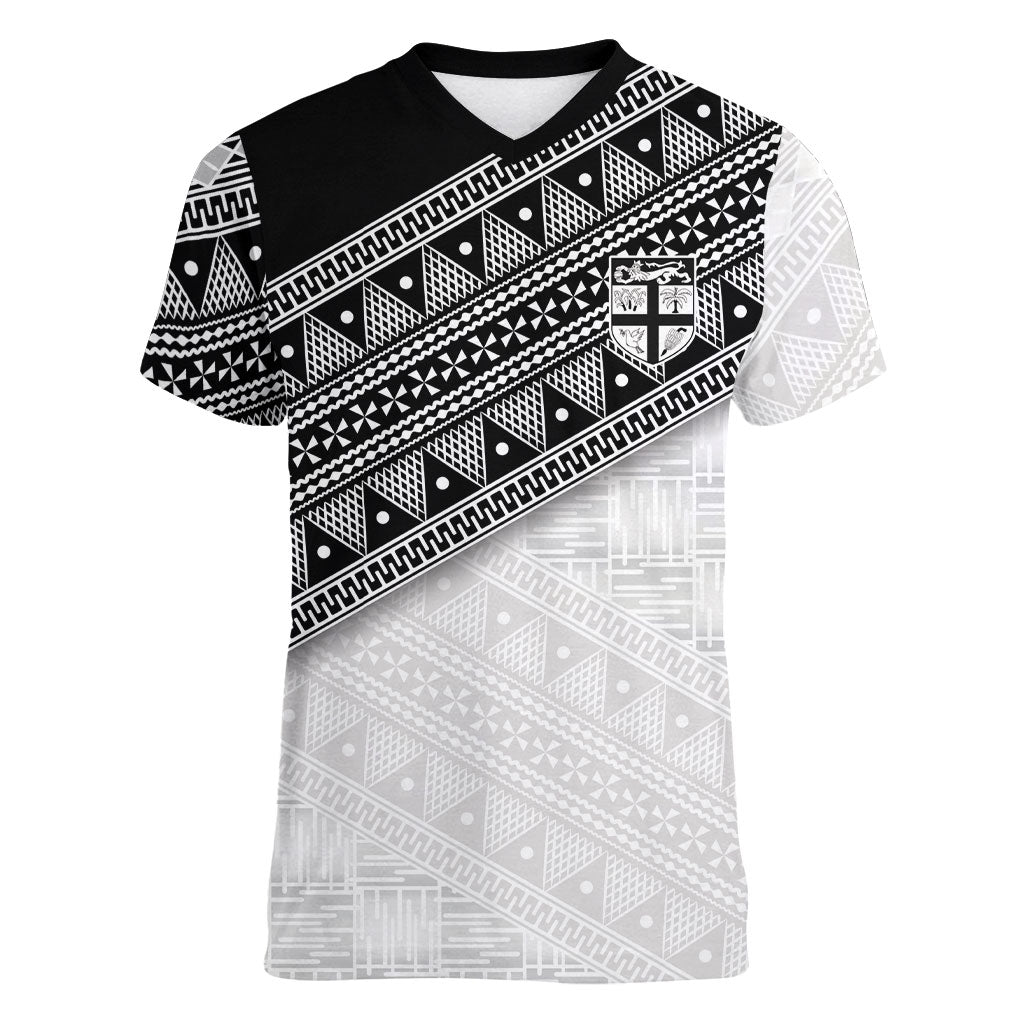 2026 Autumn Rugby Nations Fiji Custom Women V-Neck T-Shirt Fijian Tapa Tribal Lauhala Inspired