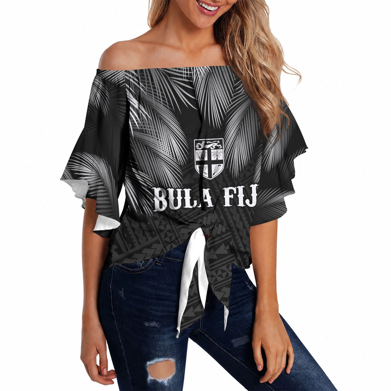 2026 Autumn Rugby Nations Fiji Custom Off Shoulder Wrap Waist Top Fijian Palm Leaf Tapa Tribal Inspired